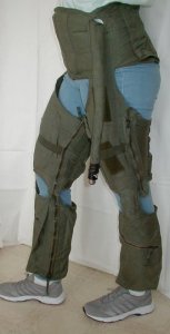 G-suit Side - Model CSU-13B/P - also known as anti-g suit or anti-gravity garment usually worn by military fighter pilot - inflated and shown for medical use